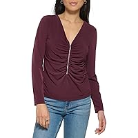 Calvin Klein Women's Everyday Matte Jersey Long Sleeve Ruched Zip Front Blouse