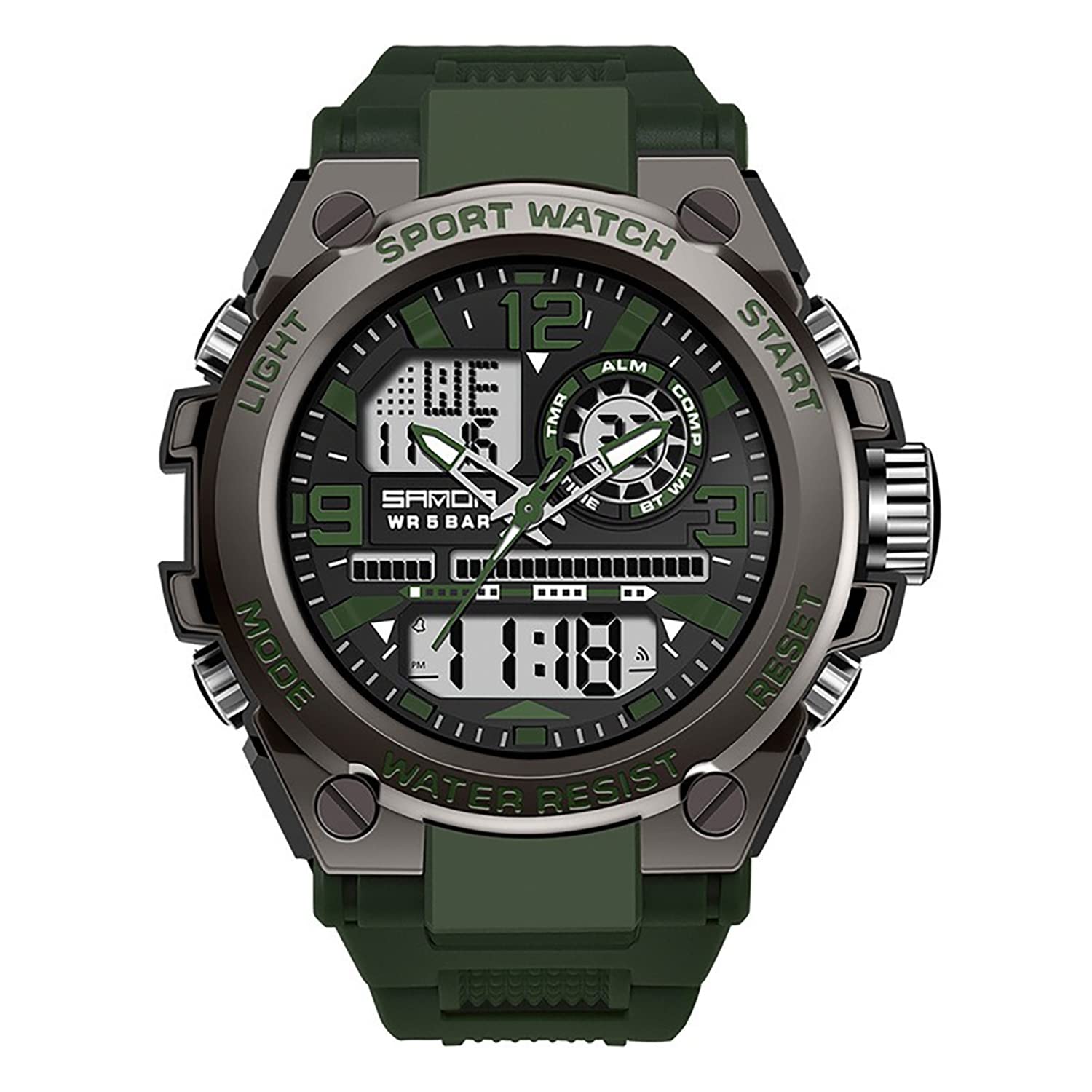 HOOSHU Men's Watches Sports Outdoor Waterproof Date Analog Dual Display Multi Function Tactics LED Alarm Stopwatch