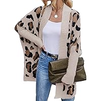 Women's Open Front Knit Cardigan Shirt Long Sleeve Fuzzy Leopard Print Sweater Loose Casual Lightweight Knitted Coat