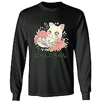 Kawaii Kitten Gift for Animal Lovers Winking Kitten with Sparks Flowers and Japanese Quote Black and Muticolor Unisex Long Sleeve T Shirt
