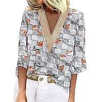 Spring Lounge Running Shirts Women's 3/4 Sleeve Plus Size Regular Elasticated Tunic Lady Printed V Neck L