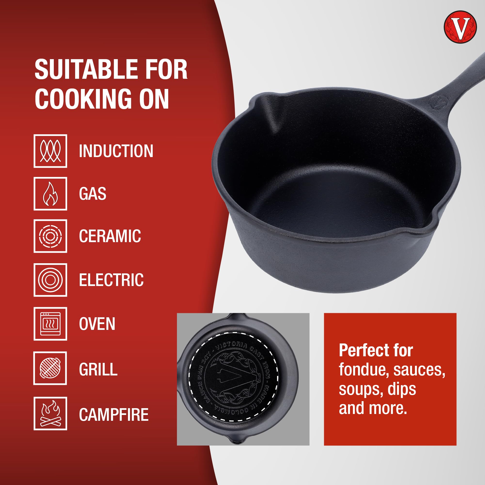 Victoria Cast Iron Saucepan, Cast Iron Melting Pot, Made in Colombia, 2QT