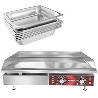 29 Inch Commercial Electric Griddle Adjustable Temperature 90℉-575℉ 240V 3500W and 6-Pack 2.5 Inch 1/2 Size Chafing Pans for Large Commercial Kitchen Supplies