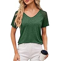 Summer Short Sleeve Tops for Women 2024,Women's Short Sleeve Tops Knitted Patchwork Lace Solid Color Spring Blouse Summer