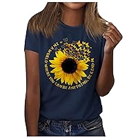 Tops for Women Trendy 2024 Summer Crewneck Tops Fashion Cute Sunflower Print Loose Fit Short Sleeve Shirts
