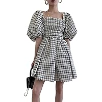 Vintage Dress Woman Chic and Elegant Square Collar Plaid Puff Sleeve A-line Mini Dress Party Casual Summer