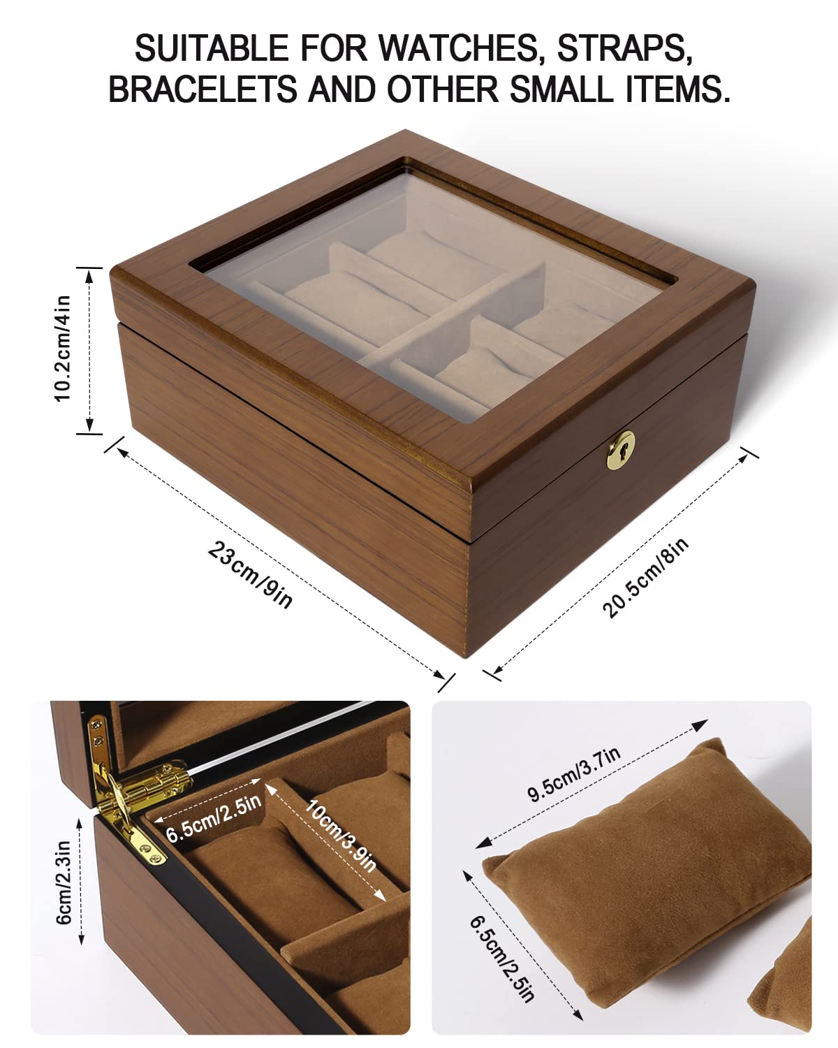Uten Watch Box with 6 Slots, Watch Case Organizer with Golden Lock and Key, Wooden Watch Display Storage Box with Removable Watch Cushions, Velvet Lining, Metal Clasp, Gift for Men & Women