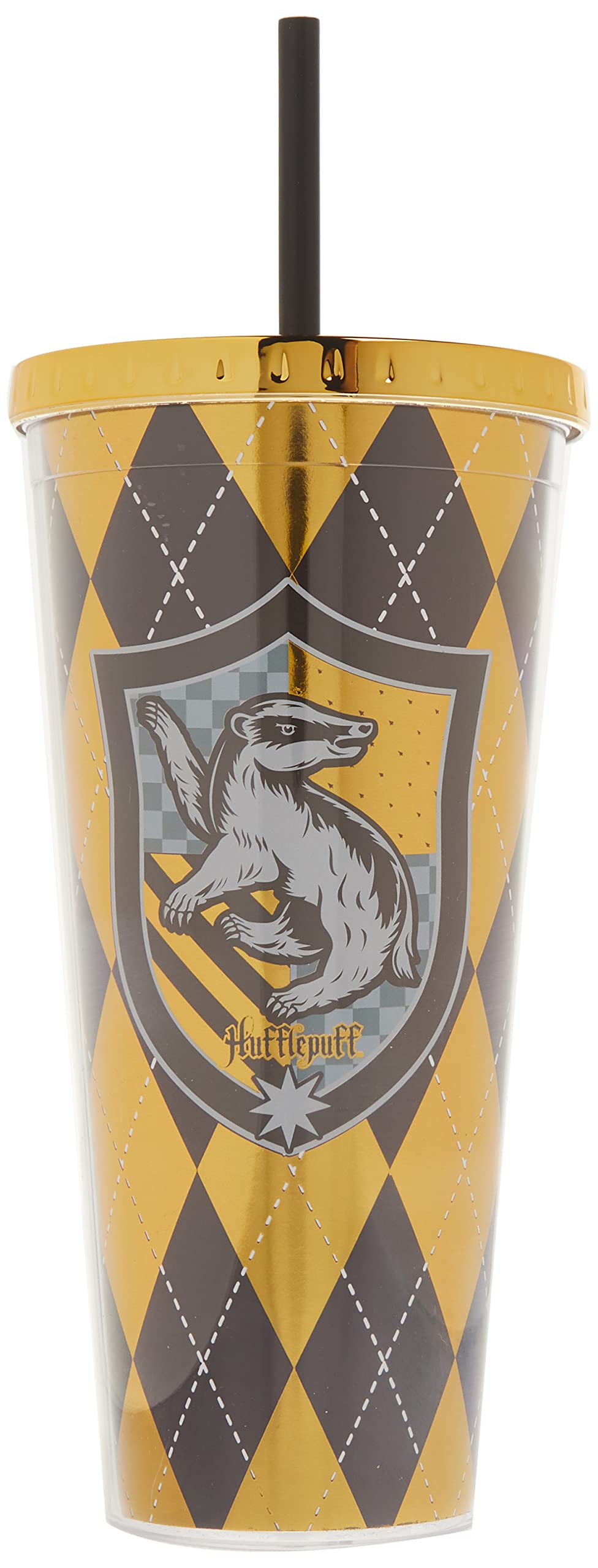 Spoontiques - Harry Potter Tumbler - Hufflepuff Foil Cup with Straw - 20 oz - Acrylic - Yellow