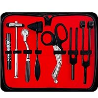 Diagnostics Kit - Percussion Taylor Reflex Hammer + C 128 & C 512 Tuning Forks + Bandage Scissors + Pupil Gauge Pen Light + Buck Hammer + Pin Wheel in Carrying Case - 8 Pieces Set - Full Black