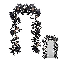 Halloween Black Rose Garland 69 Inch Artifical Rose Vine with Black Berry and Leaves Flexible Realistic Vivid Floral Garland for Fall Thanksgiving Decor