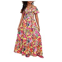 Girl's 2 Piece Outfits Tropical Print Off Shoulder Ruffle Trim Short Sleeve Top and Flared Hem A Line Skirt Set