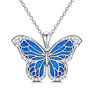 Blue Opal Butterfly Necklace Sterling Silver Butterfly Pendant Necklace with Side Moissanite S925 Butterfly Jewelry Gift for Women