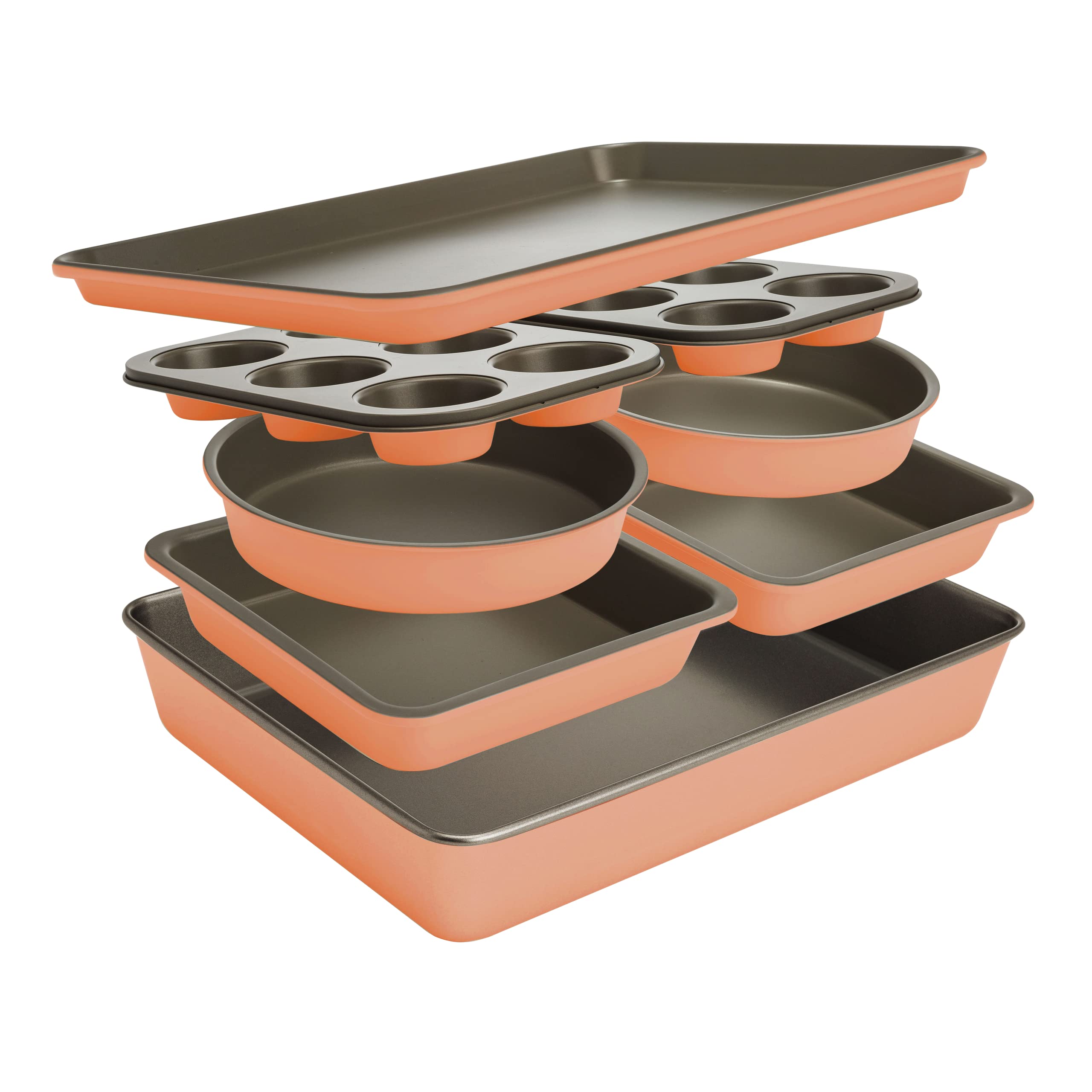 Goodful All-In-One Nonstick Bakeware Set, Stackable and Space Saving Design includes Round and Square Pans, Muffin Pans, Cookie Sheet and Roaster, Dishwasher Safe, 8-Piece, Terracotta