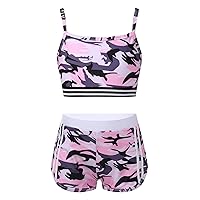 Kids Girls Athletic Two Pieces Swimsuit Fashion Floral Print Bathing Suits UPF 50+ Bikini Tankini Set Swimwear