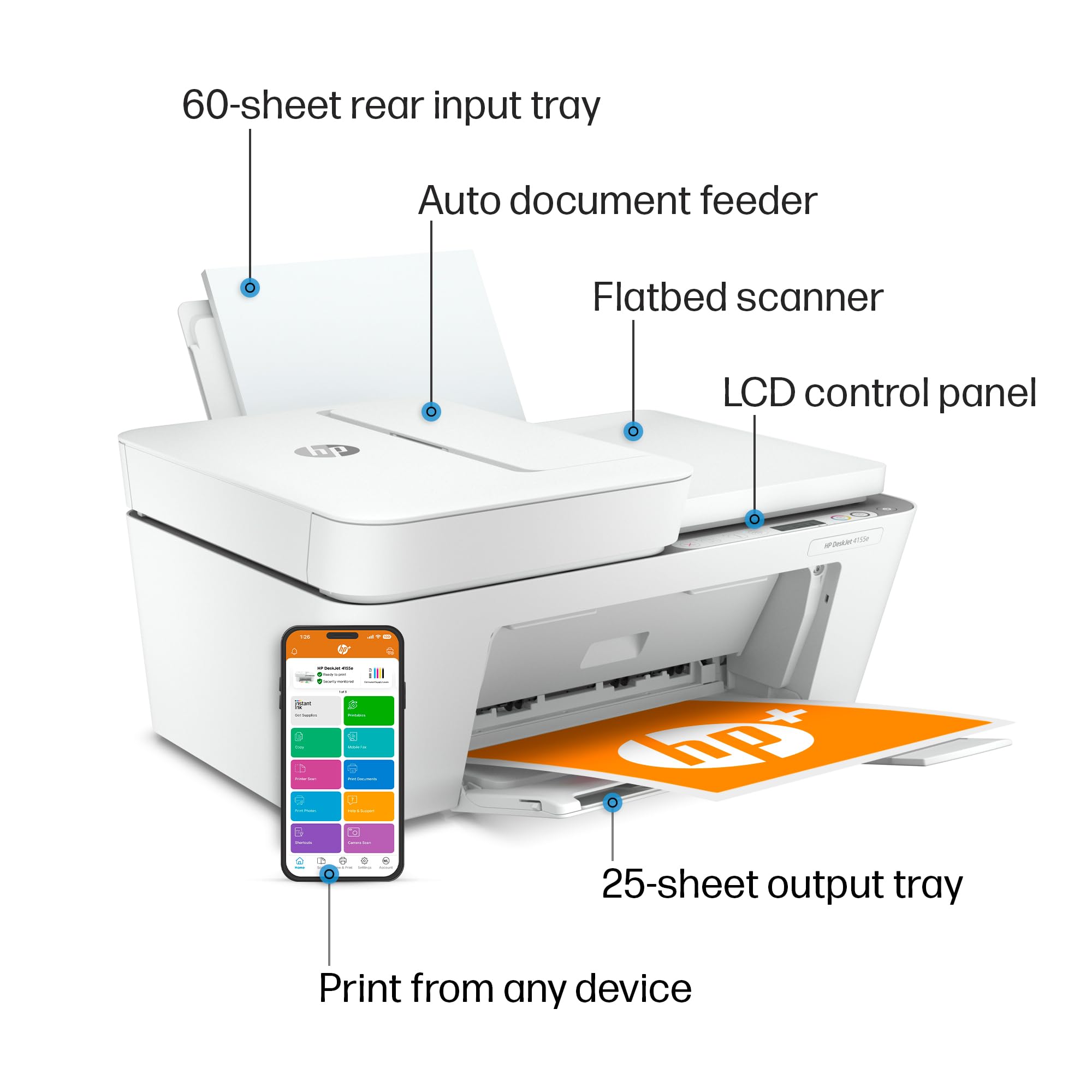 HP DeskJet 4155e Wireless Color Inkjet Printer, Print, scan, copy, Easy setup, Mobile printing, Best for home, Instant Ink with HP+,white