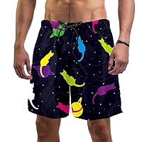 Colored Cats in Space Planets Stars Quick Dry Swim Trunks Men's Swimwear Bathing Suit Mesh Lining Board Shorts with Pocket, L