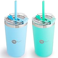 PopYum 13oz Insulated Stainless Steel Kids’ Cups with Lid and Straw, 2-Pack, Blue, Green, stackable, sippy, baby, child, toddler, tumbler, double wall, vacuum, leak proof