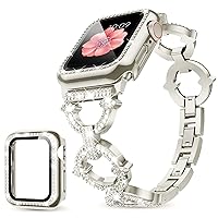 Mesime Compatible with Apple Watch Band 38mm 40mm 41mm 42mm 44mm 45mm , Women Girl Bling Diamond Jewelry Metal Strap Bands with Crystal Tempered Glass Screen Protector Case, Round Shiny Bracelet Wristband for iWatch Series 9/8/7/6/5/4/3/2/1/SE