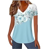 New Items On Amazon Ladies Floral Print V Neck Tops Summer Casual Tshirt Women'S Short Sleeve Dressy Blouses Loose Trendy Tee Top Bubble Sleeve Top