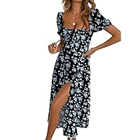 BLENCOT Casual Womens Summer Short Sleeve Square Neck Split Midi Dresses