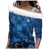 Women's Christmas Blouses Autumn and Winter Long Sleeved Single Shoulder Strap Print Pullover Top, S-3XL