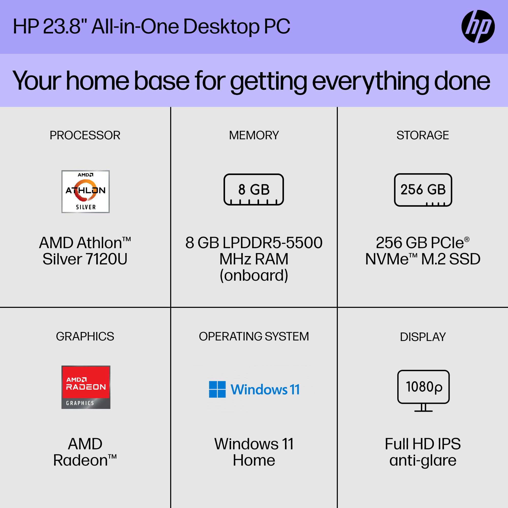 HP 23.8 inch All-in-One Desktop PC, FHD Display, AMD Athlon Silver 7120U, 8 GB RAM, 256 GB SSD, AMD Radeon Graphics, Windows 11 Home, 24-cr0010 (2023)