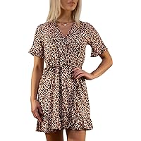 Women's Leopard Print Wrap Dress Ruffle Trim Self Tie Short Sleeve V Neck Sexy Summer Party Mini Dresses