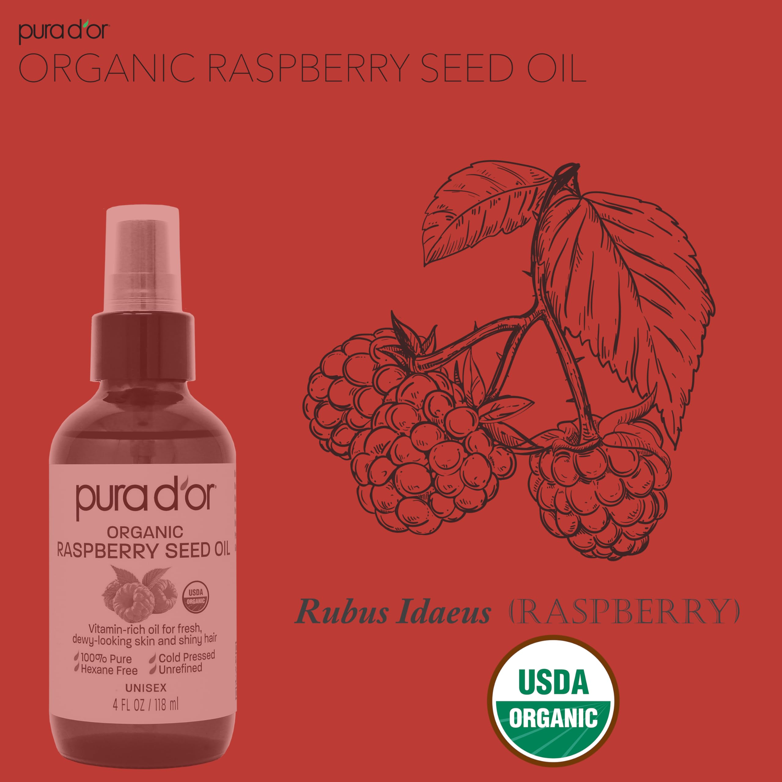 PURA D'OR 4 Oz Organic Red Raspberry Seed Oil - 100% Pure USDA Certified Premium Grade Scar Oil & Sunscreen For Hair Raspberry Extract - Cold Pressed Body Oil, Unrefined, Hexane-Free Hair Growth Oil