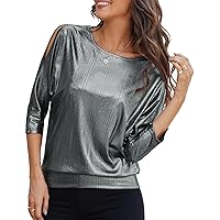 JASAMBAC Sequin Tops Women Sparkle Party Night Top Cold Shoulder Cross V-Neck Tunic Short Sleeve Tops Concert Outfit