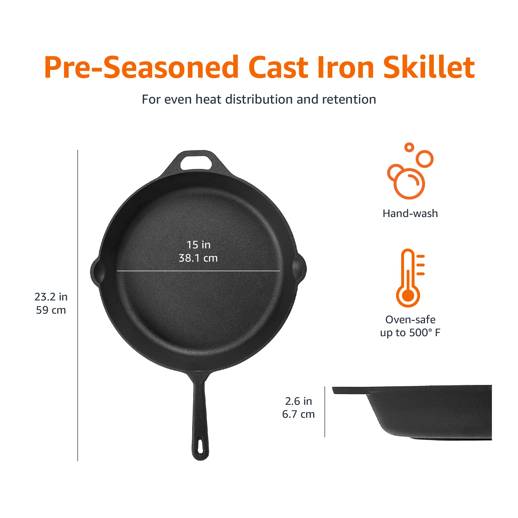 Amazon Basics Pre Seasoned Cast Iron Skillet, 15-Inch, Black