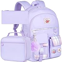 gxtvo 3PCS Backpacks for Girls, Water Resistant Cute School Backpack Set, 17 Inch Anti Theft Aesthetic Bookbag with Lunch Box for College Teenagers Senior Junior Elementary - Purple