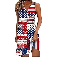 Stars Stripes Sundresses for Women Button V Neck Sleeveless Henley Shirt Dress July 4th USA Flag Mini Beach Dresses