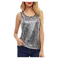 Women Glitter Sequins Front Crewneck Fashion Tank Tops Summer Casual Loose Fit Sleeveless T-Shirts for Party Club