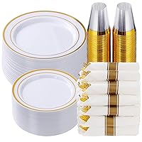 Goodluck 350 Piece Gold Plastic Dinnerware Set for 50 Guests, Fancy Disposable Plates for Party, Include: 50 Dinner Plates, 50 Dessert Plates, 50 Pre Rolled Napkins with Silverware, 50 Cups