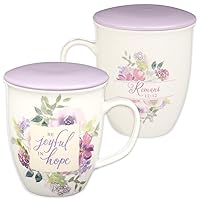 Christian Art Gifts Ceramic Coffee and Tea Mug with Lid 13 oz Encouraging Scripture for Women: Be Joyful in Hope - Romans 12:12 Inspirational Bible Verse Beverage Cup, Purple Lavender Floral