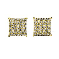 14K Yellow Gold Plated Round Cut White AAA Cz Diamonds Micro Pave Setting Cluster Square Studs Earrings With Screw Back