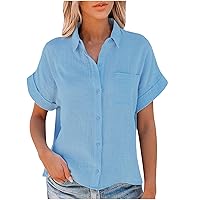 Women Cotton Linen Button Down Shirts Roll-Up Short Sleeve V Neck Collared Blouse Summer Beach Tops with Pocket
