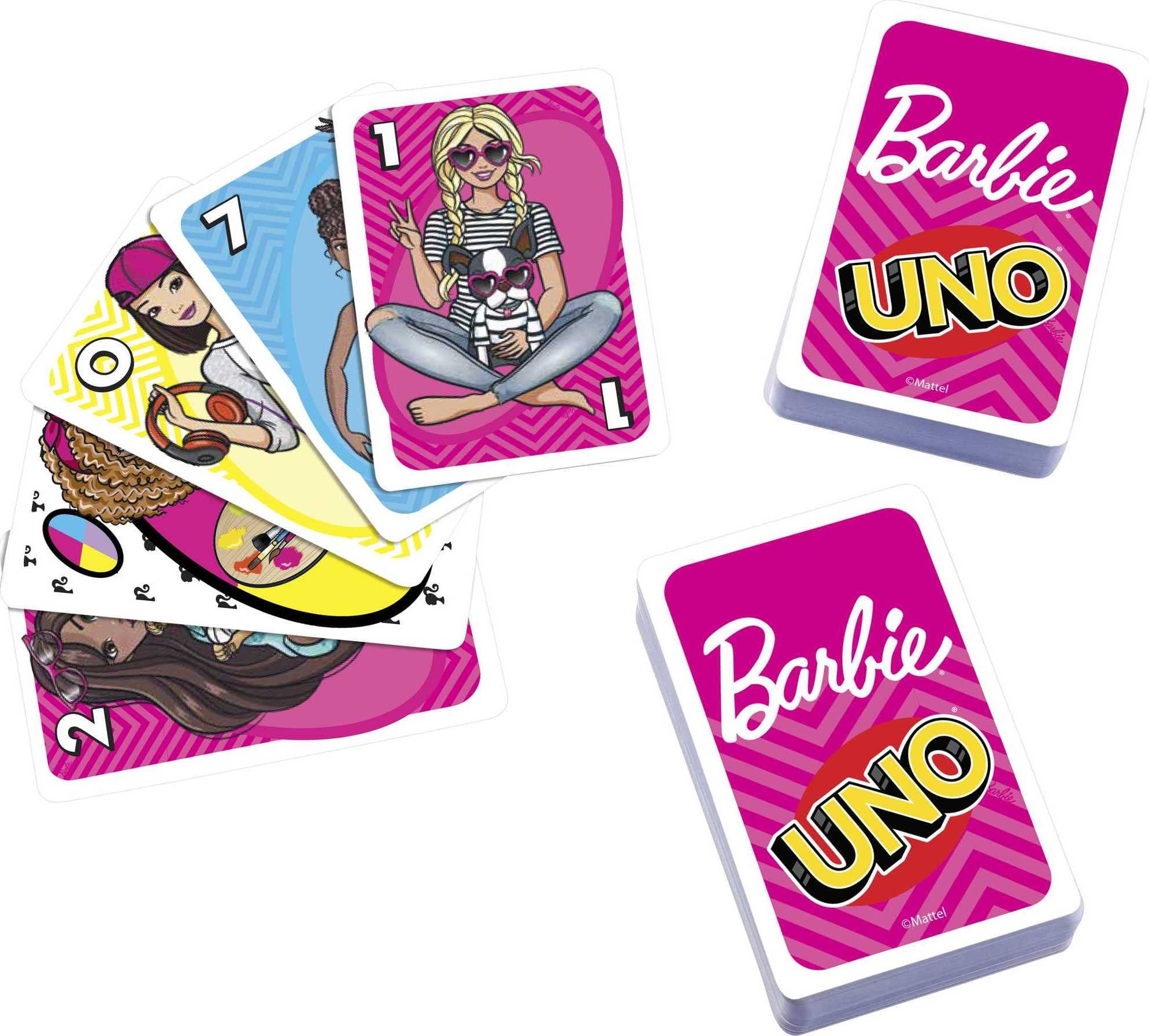 Barbie UNO Card Game for Family Night, Travel Game Featuring Barbie Graphics & Special Rule for 2-10 Players