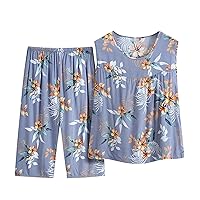 Boho Floral Sleeveless Pajama Sets Women Summer Loungewear 2 Piece Summer Crewneck Pleated Tank Tops and Pants Set