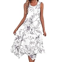 Women's Sundresses 2024 Casual Fashion Round Neck Sleeveless Floral Print Irregular Hem Midi Dress, S-2XL