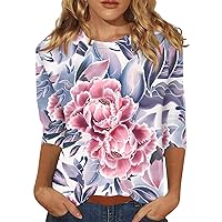 Women T Shirt Summer Floral Dressy Blouses Casual Cute Crew Neck Shirts 3/4 Sleeve Loose Fit Trendy Tops