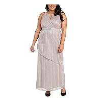 R&M Richards Womens Pink Stretch Metallic Zippered Asymmetrical Overlay Striped Sleeveless Keyhole Full-Length Formal Gown Dress Plus 14W