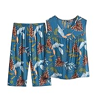 Summer Sleeveless T-Shirt 2 Piece Womens Fashion Pajama Sets Crewneck Pleated Tank Tops and Pants Ladies Loose Pjs