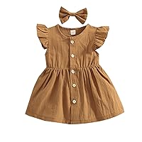 Toddler Baby Girls' Cotton Linen Fly Sleeve Button Down Summer Dresses with Headbows