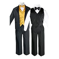 Unotux 7pcs Boys Black Suits Tuxedo with Satin Yellow Bow Tie Vest Set (S-20)