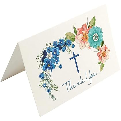 48 Pack Christian Thank You Cards With Envelopes, Bulk Baptism, Religious Greeting Notes for Christening, Wedding, Communion, Floral Cross Design (4 x 6 In)