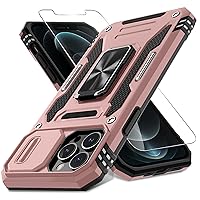 DEERLAMN for iPhone 12 Pro Max Case with Slide Camera Cover+Screen Protector(1 Pack),Rotated Ring Kickstand Military Grade Shockproof Protective Cover 6.7 Inch-Rose Gold