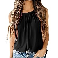 Tank Top for Women, Womens Round Neck Pleated Long Flowy Tank Tops Plain Loose Fit Summer Cute Basic Shirts