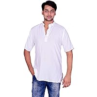 Indian Men’s Short Kurta Shirt 100% Cotton Plus Size loose fit Solid White color half Sleeves