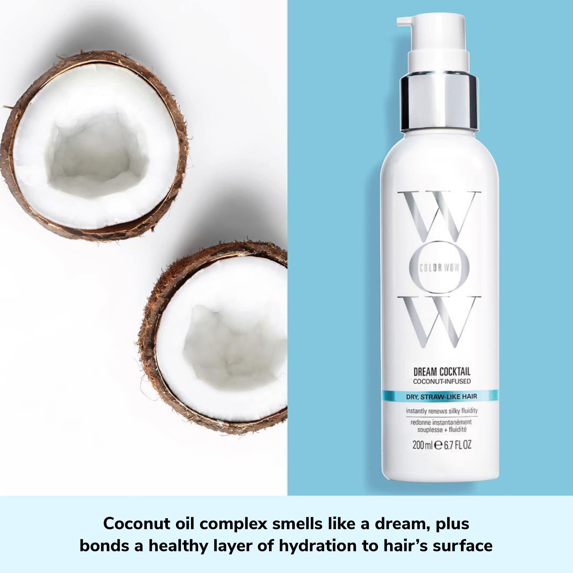 Color Wow Dream Cocktail Coconut Infused – No frizz leave in conditioner turns dry, damaged hair to silk in a single blow dry; Coconut oil complex detangles, silkens; heat protection; closes cuticles